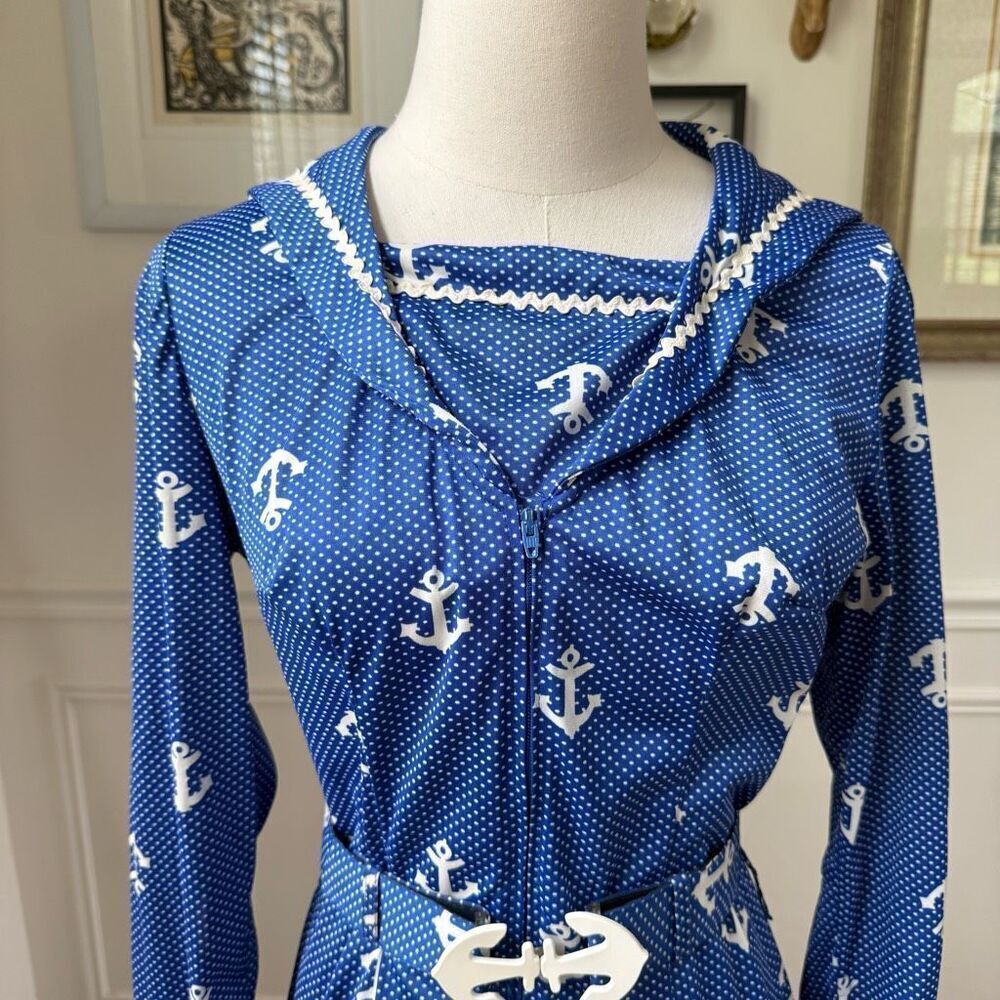 Vintage 70s House of She Ltd Zip Front Anchor Sailor Dress M - Picture 3 of 10